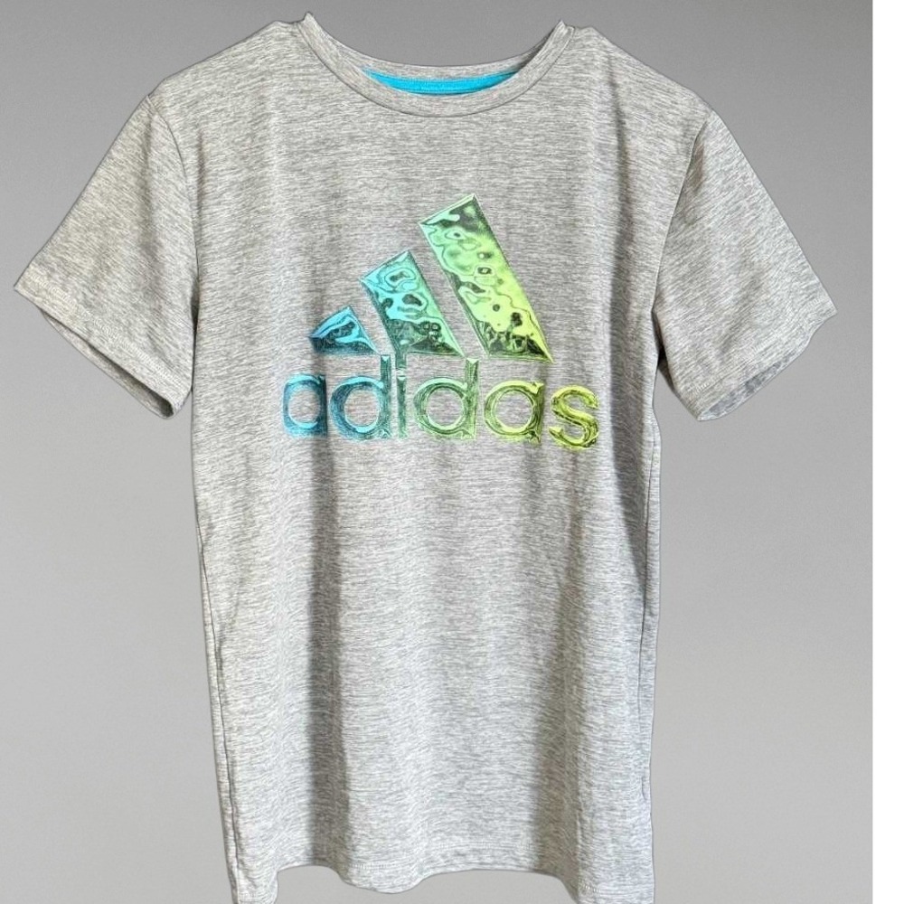 Adidas Boys Aeroready Heather Grey Iridescent Logo Graphic T-Shirt Size L 14/16